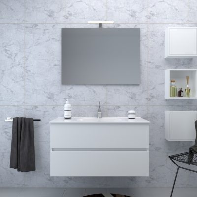 MOBILE BAGNO SOSPESO con 2 Cassetti 100 cm con Lavabo, Specchio e LED Bianco Lucido
