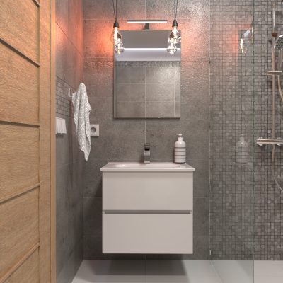 MOBILE BAGNO SOSPESO con 2 Cassetti 60 cm con Lavabo, Specchio e LED Bianco Lucido