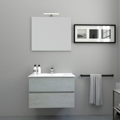 MOBILE BAGNO SOSPESO con 2 Cassetti 75 cm con Lavabo, Specchio e LED Cemento