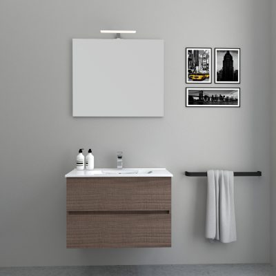 MOBILE BAGNO SOSPESO con 2 Cassetti 80 cm con Lavabo, Specchio e LED Noce