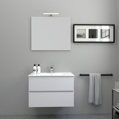 MOBILE BAGNO SOSPESO con 2 Cassetti 80 cm con Lavabo, Specchio e LED Bianco Lucido