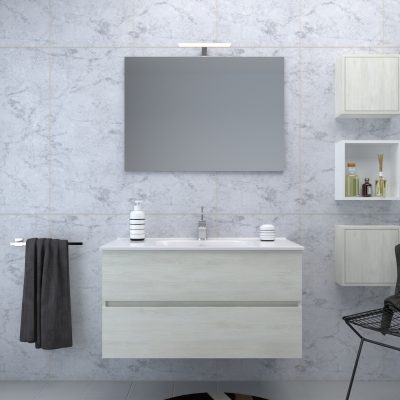 MOBILE BAGNO SOSPESO con 2 Cassetti 90 cm con Lavabo, Specchio e LED Bianco Matrix/Effetto Legno