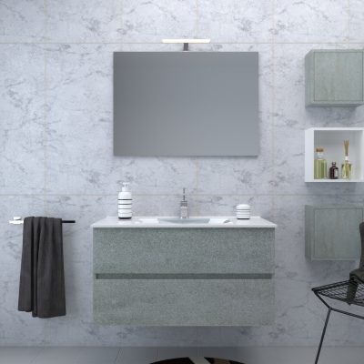 MOBILE BAGNO SOSPESO con 2 Cassetti 90 cm con Lavabo, Specchio e LED Cemento