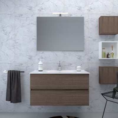 MOBILE BAGNO SOSPESO con 2 Cassetti 90 cm con Lavabo, Specchio e LED Noce
