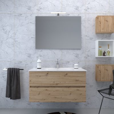 MOBILE BAGNO SOSPESO con 2 Cassetti 90 cm con Lavabo, Specchio e LED Rovere Nodato